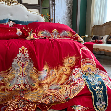 Luxury Gold Red Phoenix Peacock Egyptian Cotton 1000TC Embroidery Wedding Bedding Set